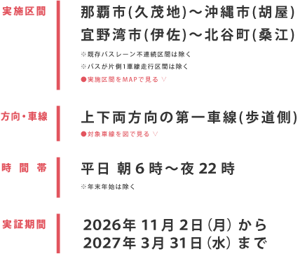 実施区間、方向・車線、時間帯、実証期間の詳細