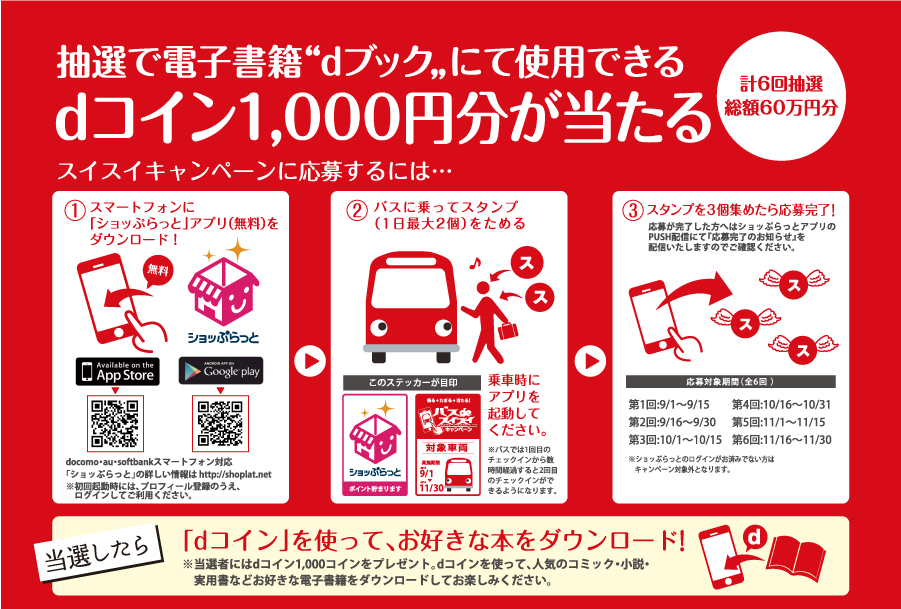 抽選でえ電子書籍「dブック」にて使用できるdコイン1,000園が当たる（計６回抽選総額６０万円分）
